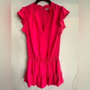 Amanda Uprichard Smocked Waist V Neck Pink Dress With Ruffle Detail